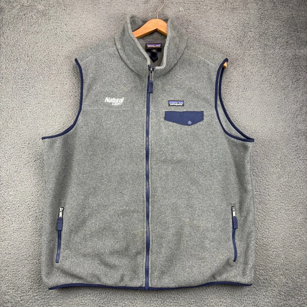 Patagonia Synchilla Fleece Vest Mens XXL Gray Natural Light Beer Logo Full Zip‎